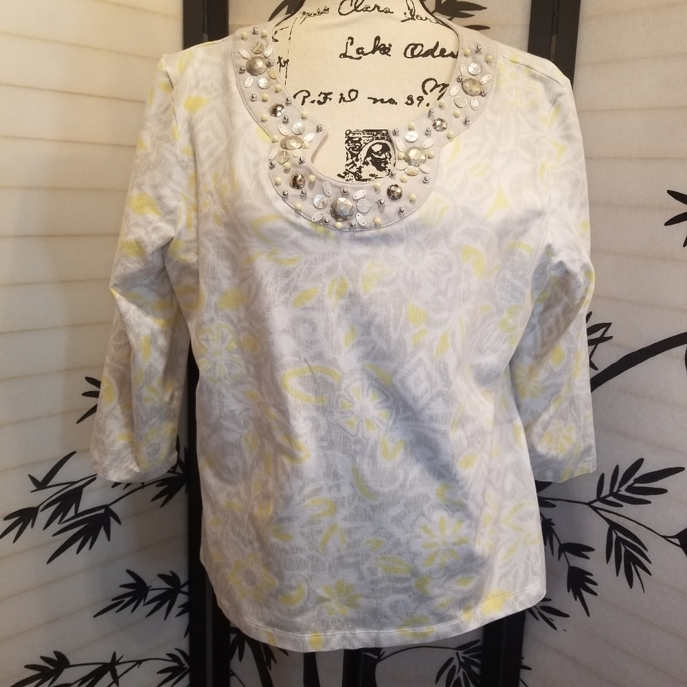 Ruby Rd Embellished Scalloped Neck Top XL 3/4 Sleeve Yellow Gray Floral Blouse - Picture 1 of 10